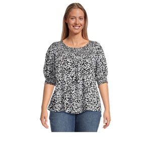 Terra & Sky Smocked blouse with Keyhole back.